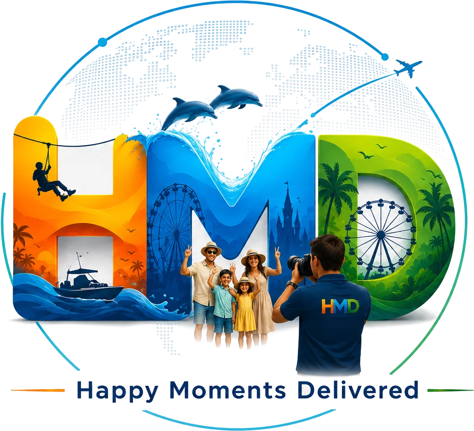 HMD Attractions brand artwork: the letters H, M and D drawn as illustrated attraction scenes, with a zipline, a boat, dolphins, ferris wheels and palm trees.