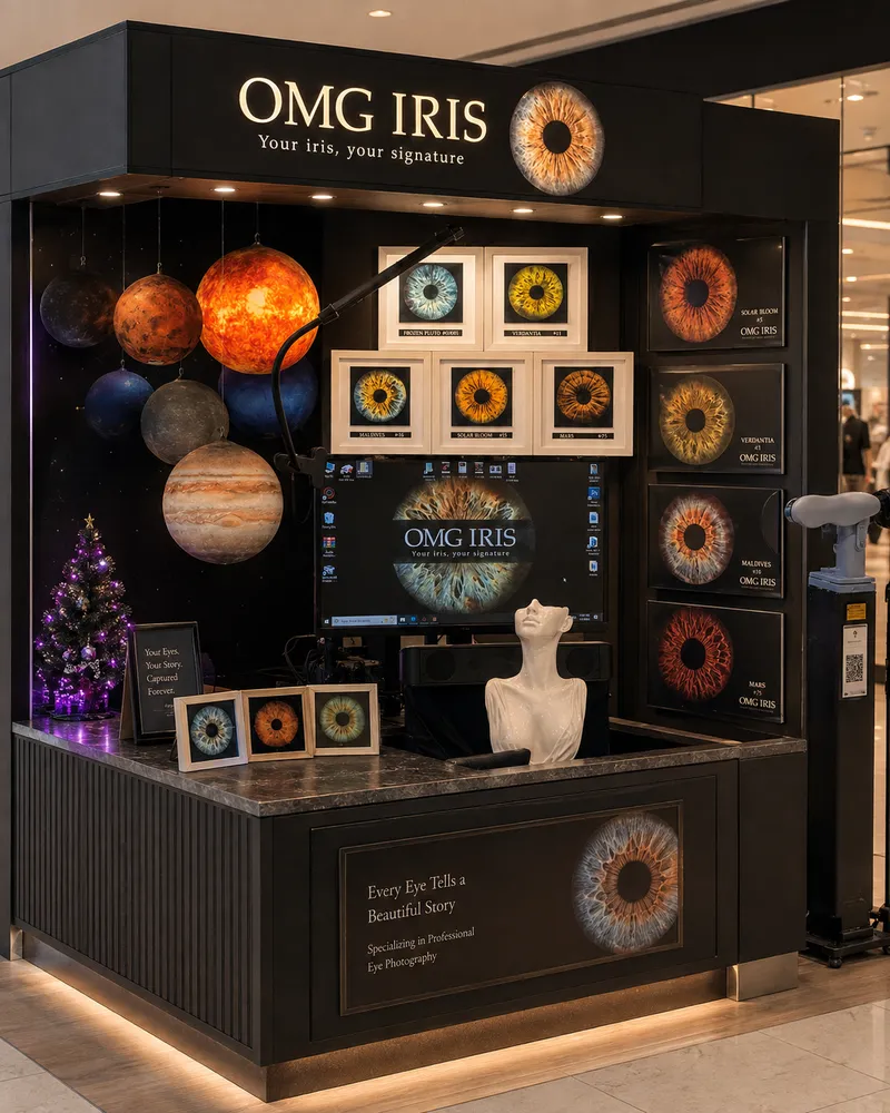 A dark retail kiosk displaying framed iris photography prints, lit from within