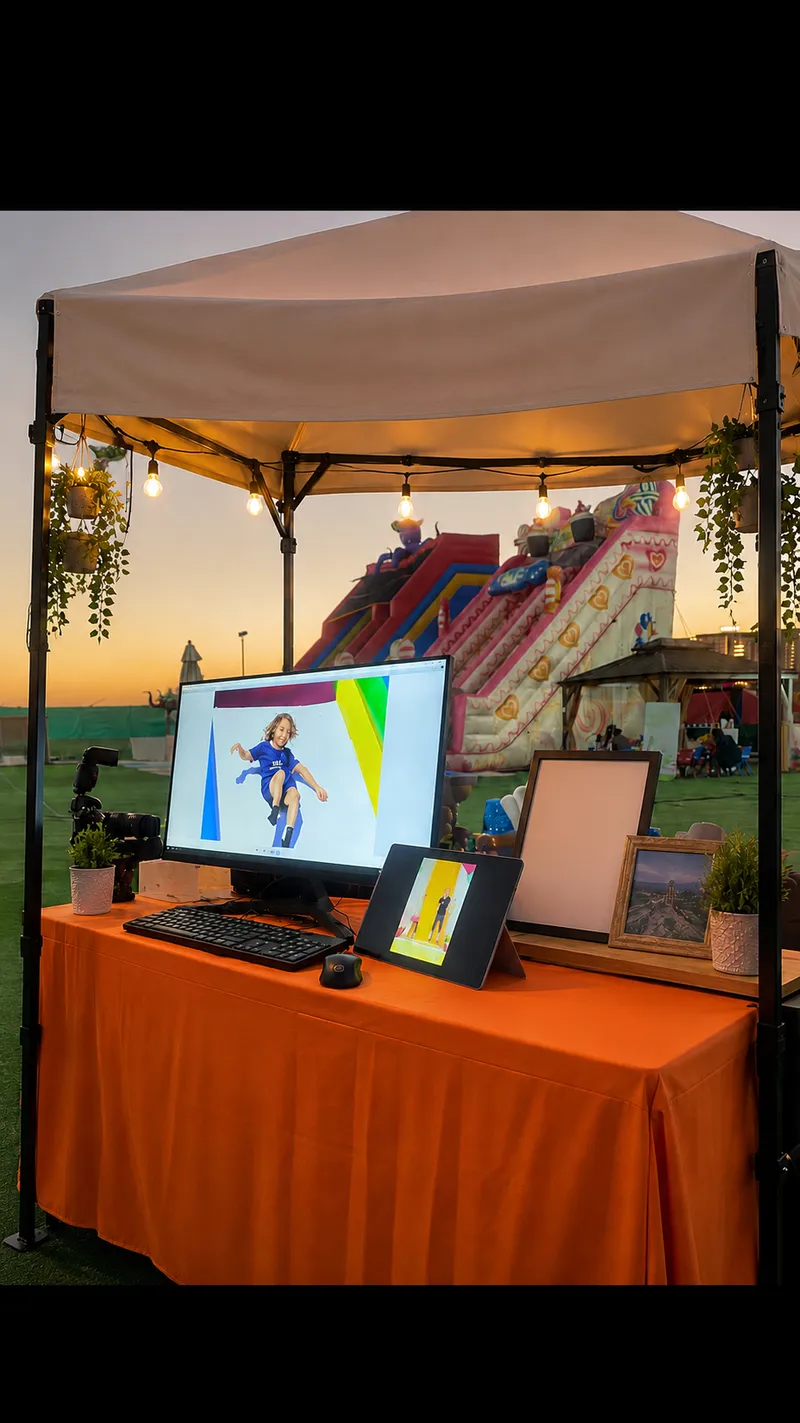 An outdoor photography booth at night, with a screen, a printer and finished prints on display
