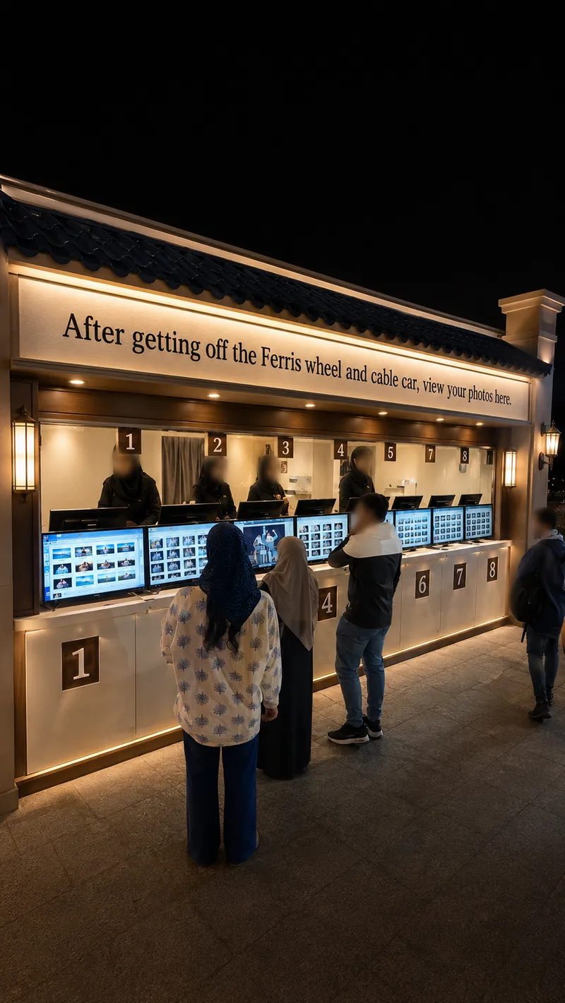 A print collection counter with backlit signage and a row of screens where guests find their photographs